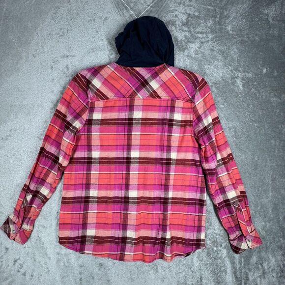 Legendary Whitetails Shirt Women Medium Pink Plaid Shacket Hood Flannel Heritage - Picture 3 of 8